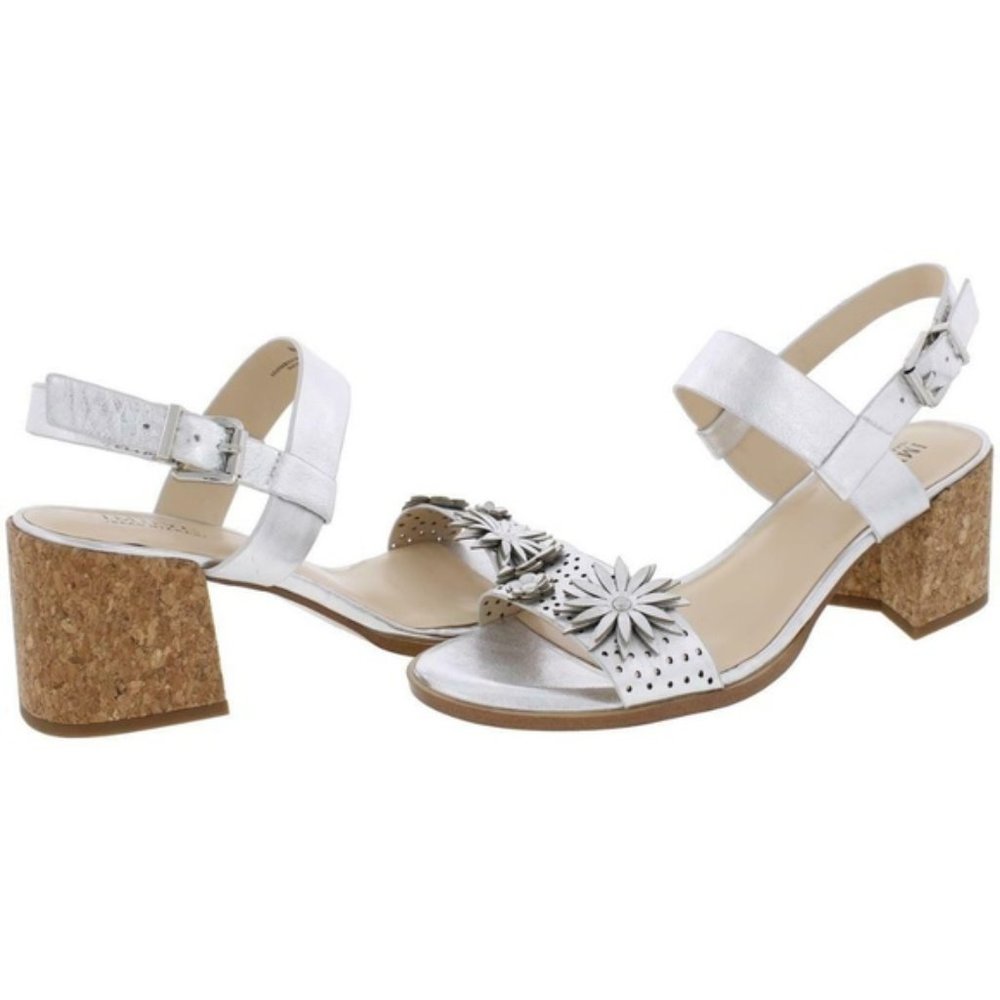 IMNYC SILVER 3 D FLOWERS CORK HEEL CUTE SANDALS